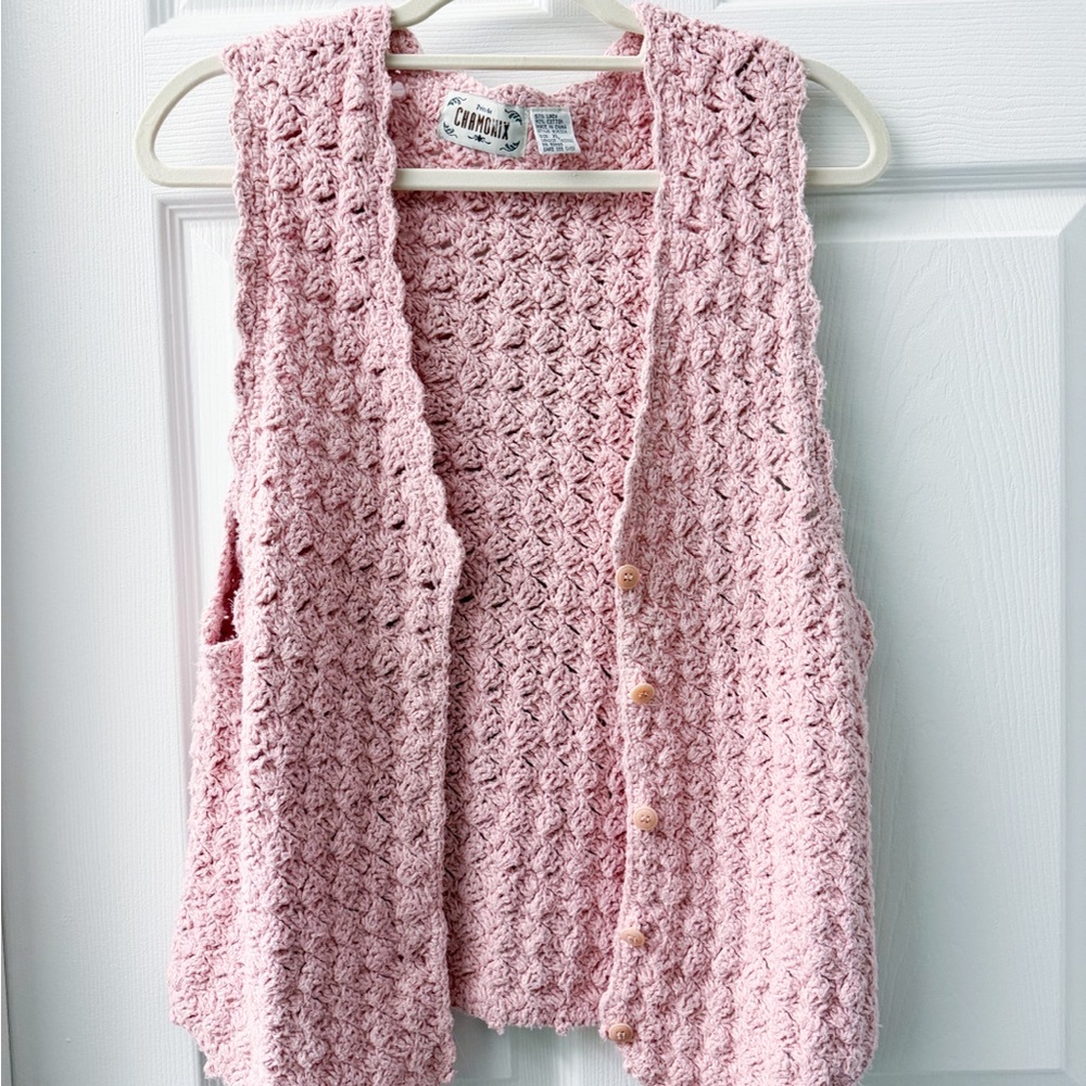 Vintage Pink Crochet Button-Up Vest
